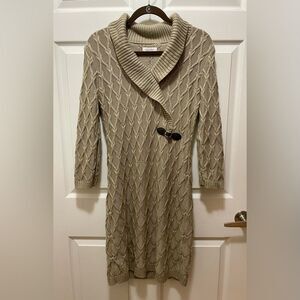 Calvin Klein Womens Cable Knit Sweater Dress Size L Belt Accent Tan Beige